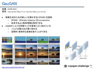 GauGAN 
84
会議 : CVPR 2019 
著者 : Taesung Park, Ming-Yu Liu, Ting-Chun Wang, Jun-Yan Zhu 
 
● 画像生成のための新しい正規化手法（SPADE）を提案 
○ SPADE : SPatially-Adaptive DEnormalization 
○ 従来手法より意味情報を保持できる 
● AdaINのγとβを特徴マップの要素ごとに求めている 
○ γとβは畳み込み層で求める 
○ 空間的・意味的な変換を施すことができる 
https://arxiv.org/pdf/1903.07291.pdf
(b)
 