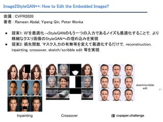 Image2StyleGAN++: How to Edit the Embedded Images?
97
会議 : CVPR2020 
著者 : Rameen Abdal, Yipeng Qin, Peter Wonka 
 
● 提案1: W′を最適化→StyleGANのもう一つの入力であるノイズも最適化することで，より
精細なクエリ画像のStyleGANへの埋め込みを実現 
● 提案2: 損失関数, マスク入力の有無等を変えて最適化するだけで，reconstruction,
inpainting, crossover, sketch/scribble edit 等を実現 
Inpainting Crossover
sketch/scribble
edit
 