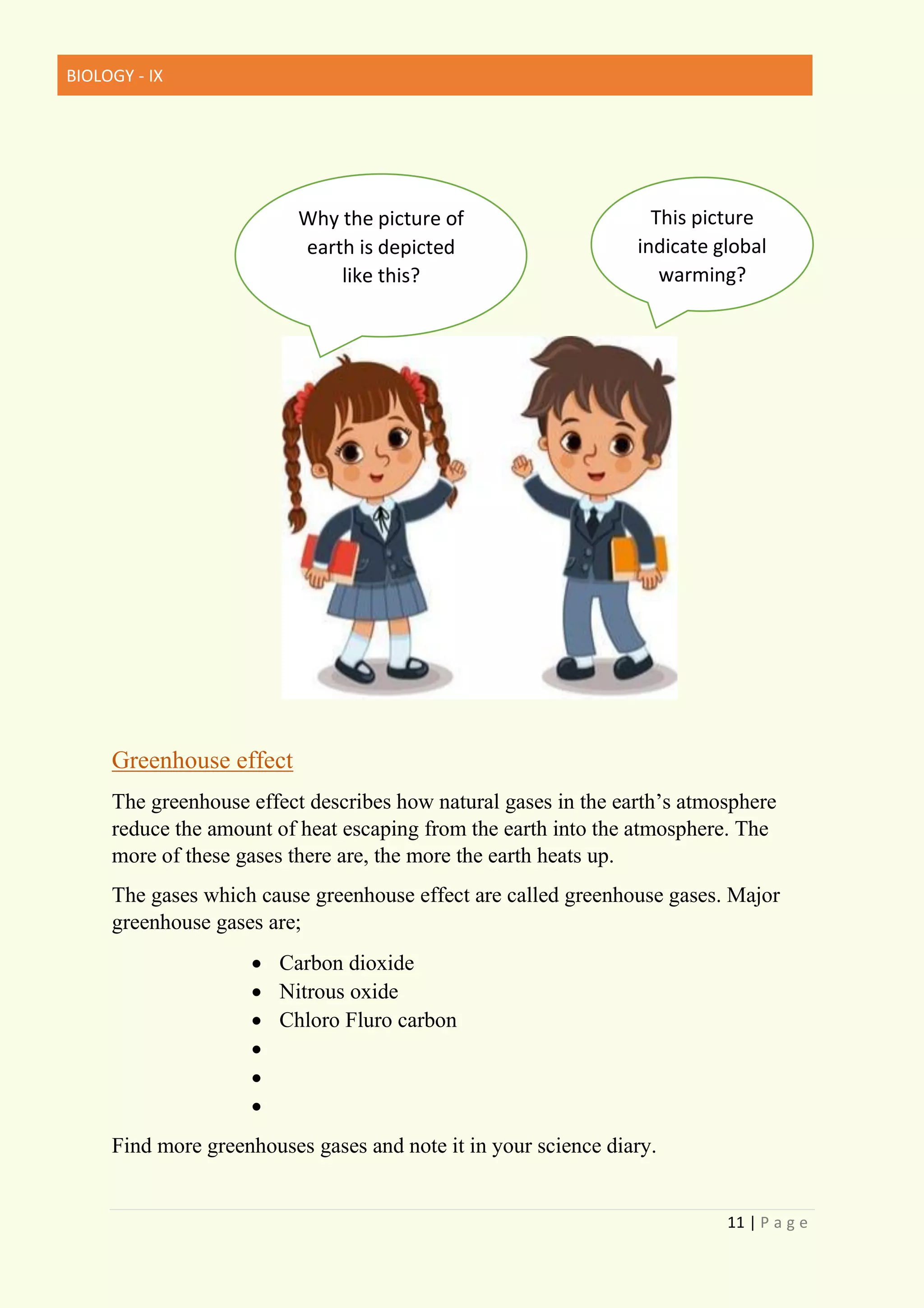 BIOLOGY - IX
11 | P a g e
Greenhouse effect
The greenhouse effect describes how natural gases in the earth’s atmosphere
reduce the amount of heat escaping from the earth into the atmosphere. The
more of these gases there are, the more the earth heats up.
The gases which cause greenhouse effect are called greenhouse gases. Major
greenhouse gases are;
• Carbon dioxide
• Nitrous oxide
• Chloro Fluro carbon
•
•
•
Find more greenhouses gases and note it in your science diary.
This picture
indicate global
warming?
Why the picture of
earth is depicted
like this?
 