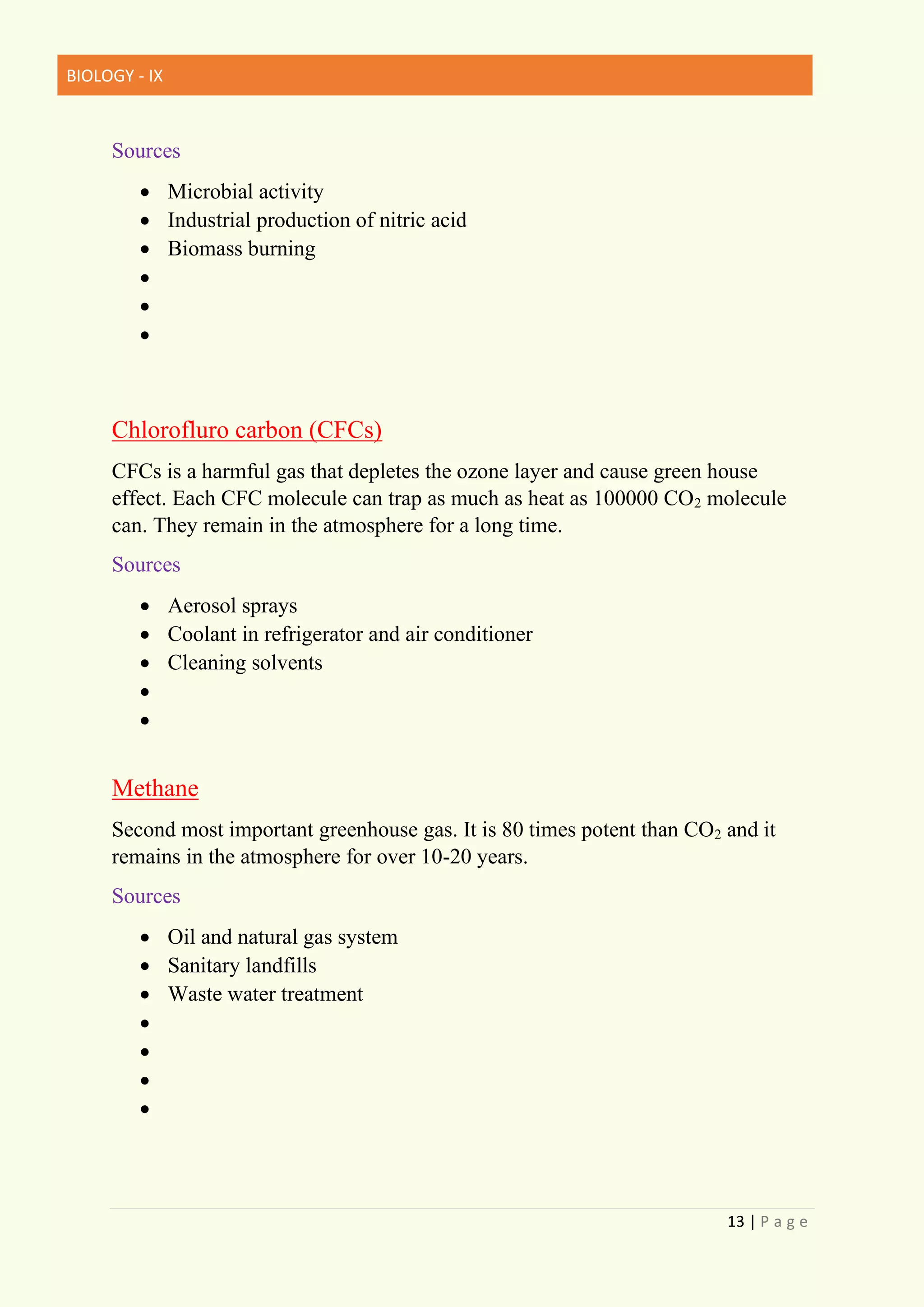 BIOLOGY - IX
13 | P a g e
Sources
• Microbial activity
• Industrial production of nitric acid
• Biomass burning
•
•
•
Chlorofluro carbon (CFCs)
CFCs is a harmful gas that depletes the ozone layer and cause green house
effect. Each CFC molecule can trap as much as heat as 100000 CO2 molecule
can. They remain in the atmosphere for a long time.
Sources
• Aerosol sprays
• Coolant in refrigerator and air conditioner
• Cleaning solvents
•
•
Methane
Second most important greenhouse gas. It is 80 times potent than CO2 and it
remains in the atmosphere for over 10-20 years.
Sources
• Oil and natural gas system
• Sanitary landfills
• Waste water treatment
•
•
•
•
 