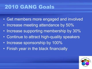 2010 GANG GoalsGet members more engaged and involvedIncrease meeting attendance by 50%Increase supporting membership by 30%Continue to attract high-quality speakersIncrease sponsorship by 100%Finish year in the black financially