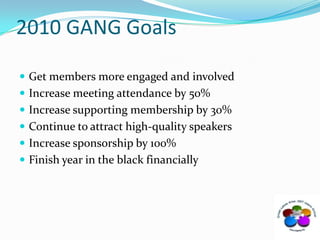 2010 GANG GoalsGet members more engaged and involvedIncrease meeting attendance by 50%Increase supporting membership by 30%Continue to attract high-quality speakersIncrease sponsorship by 100%Finish year in the black financially
