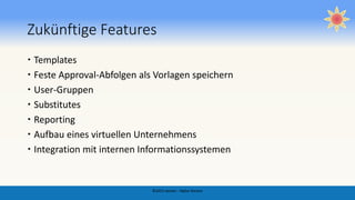Zukünftige Features
 Templates
 Feste Approval-Abfolgen als Vorlagen speichern
 User-Gruppen
 Substitutes
 Reporting
 Aufbau eines virtuellen Unternehmens
 Integration mit internen Informationssystemen
©2015 awizen - Alpha Version
 