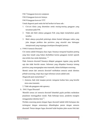 Referat Psikiatri 5
F44.7 Gangguan konversi campuran
F44.8 Gangguan konversi lainnya
F44.9 Gangguan konversi YTT
Untuk diagnosis pasti maka hal-hal berikut ini harus ada :
1. Ciri-ciri klinis yang ditentukan untuk masing-masing gangguan yang
tercantum pada F44.
2. Tidak ada bukti adanya gangguan fisik yang dapat menjelaskan gejala
tersebut.
3. Bukti adanya penyebab psikologis dalam bentuk hubungan waktu yang
jelas dengan problem dan peristiwa yang stressful atau hubungan
interpersonal yang terganggu (meskipun disangkal pasien).
a. F444.0 Amnesia Disosiatif
Ciri utama adalah hilangnya daya ingat, biasanya mengenal kejadian penting
yang baru terjadi yang bukan disebabkan karena gangguan mental ogranik
atau terlalu luas untuk dijelaskan. 1,3
Pada Amnesia disosiatif biasanya didapati gangguan ingatan yang spesifik
saja dan tidak bersifat umum. Informasi yang dilupakan biasanya tentang
peristiwa yang menegangkan atau traumatik, dalam kehidupan seseorang.
Bentuk umum dari amnesia disosiatif melibatkan amnesia untuk identitas
pribadi seseorang, tetapi daya ingat informasi umum adalah utuh.
Diagnostik pasti memerlukan1,3
:
1. Amnesia, baik total maupun persial, mengenai kedian baru yang bersifat
stress atau traumatic.
2. Tidak ada gangguan otak egmency
b. F44.1 Fugue Disosiatif
Memilih semua ciri amnesia disosiatif ditambah gejala perilaku melakukan
perjalanan meninggalkan rumah. Pada beberapa kasus, penderita mungkin
menggunakan identitas baru1,3
.
Perilaku seseorang pasien dengan fugue disosiatif adalah lebih bertujuan dan
terintegrasi dengan amnesianya dibandingkan pasien dengan amnesia
disosiatif. Pasien dengan fugue disosiatif telah berjalan jalan secara fisik dari
 