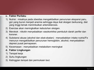 c. Faktor Perilaku
1) Nutrisi : misalnya pada obesitas mengakibatkan penurunan ekspansi paru,
gizi yang buruk menjadi anemia sehingga daya ikat oksigen berkurang, diet
yang tinggi lemak menimbulkan arterioklerosis.
2) Exercise akan meningkatkan kebutuhan oksigen.
3) Merokok : nikotin menyebabkan vasokontriksi pembuluh darah perifer dan
koroner.
4) Substansi abuse (alcohol dan obat-obatan) : menyebabkan intake nutrisi/Fe
menurun mengakibatkan penurunan hemoglobin, alcohol, menyebabkan
depresi pusat pernapasan.
5) Kecemasan : menyebabkan metabolism meningkat
d. Faktor Lingkungan
1) Tempat kerja
2) Suhu lingkungan
3) Ketinggian tempat dan permukaan laut.
 