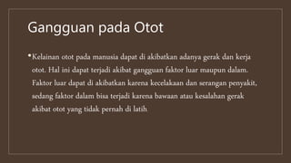 Gangguan pada Otot
•Kelainan otot pada manusia dapat di akibatkan adanya gerak dan kerja
otot. Hal ini dapat terjadi akibat gangguan faktor luar maupun dalam.
Faktor luar dapat di akibatkan karena kecelakaan dan serangan penyakit,
sedang faktor dalam bisa terjadi karena bawaan atau kesalahan gerak
akibat otot yang tidak pernah di latih.
 