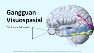 Gangguan
Visuospasial
Vita Kusuma Rahmawati
Tugas Neurobehavior, Februari 2017. Pembimbing: Abdulloh Machin, dr., Sp.S; Prof. Dr. Troeboes Perwadi, dr., Sp.S(K), Sp.KJ
 