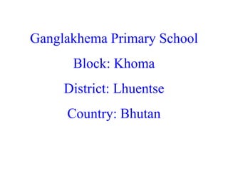 Ganglakhema Primary School
Block: Khoma
District: Lhuentse
Country: Bhutan
 