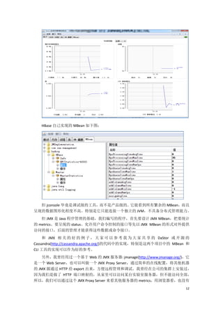 HBase 自己实现的 MBean 如下图：




  但 jconsole 毕竟是调试级的工具，而不是产品级的。它能看到所有繁杂的 MBean，而且
呈现的数据图形化程度不高。特别是它只能连接一个独立的 JVM，不具备分布式管理能力。
   但 JMX 是 Java 程序管理的基础，我们编写的程序，首先要设计 JMX MBean，把要统计
的 metrics、要呈现的 status、允许用户命令控制的接口等先以 JMX MBean 的形式对外提供
访问的接口，后面的管理才能获得这些数据或命令接口。
     和 JMX 相 关 的 好 的 例 子 ， 大 家 可 以 参 考 我 为 大 家 共 享 的 DaStor 或 开 源 的
Cassandra(http://cassandra.apache.org/)的代码中的实现，特别是这两个项目中的 MBean 和
CLI 工具的实现可以作为好的参考。
   另外，我曾经用过一个基于 Web 的 JMX 服务器: jmanage(http://www.jmanage.org/)，它
是一个 Web Server，也可以叫做一个 JMX Proxy Server，通过简单的在线配置，将其他机器
的 JMX 源通过 HTTP 给 export 出来，方便远程管理和调试。我曾经在公司的集群上安装过，
因为我们是做了 HTTP 端口映射的，从家里可以访问某台实验室服务器，但不能访问全部，
所以，我们可以通过这个 JMX Proxy Server 来看其他服务器的 metrics，用浏览器看，也没有
                                                                 12
 