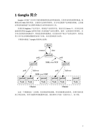 1 Ganglia 简介
  Ganglia 已经被广泛应用于服务器集群的状态和性能监视。它简单易用的部署和集成、优
雅简洁的 Web 图形界面、方便的可定制性等特性，在分布式集群产品和服务领域，已经被
证明是快速构建产品完整性和测试专业性的很好的工具。
  在我们的 BigData 产品开发中，特别是产品原型开发、验证以及 Demo 中，应该充分快
速地利用类似 Ganglia 这样的开源工具来构建产品的完整性，提供一定程度的可管理性。在
分布式系统的系统测试中，特别是系统性能测试，以及面向用户展示产品的过程中，使用这
类工具不仅会使测试数据更加易于呈现，而且更体现其专业性。
  下图基本描述了 Ganglia 的组网示意图：




  这是一个稍微复杂一点的图，但结构依然很清晰，所有的配置也很简单。在图中我们看
到了两层结构，但作为最简单的配置和实验，我们暂时只考虑一层就可以了。如下图：




                                               2
 