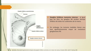  Ganglios linfáticos mamarios internos: al igual
que los GLA, los ganglios IM reciben drenaje
linfático de todos los cuadrantes de la mama.
 Sin embargo, los tumores mediales tienen una
tasa significativamente mayor de metástasis
ganglionares IM.
Uptodate, Descripción general de la biopsia del ganglio linfático centinela en el cáncer de mama, Octubre 2021, Seth P. Harlow, MD
 