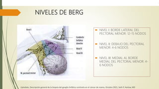 NIVELES DE BERG
 NIVEL I: BORDE LATERAL DEL
PECTORAL MENOR: 12-15 NODOS
 NIVEL II: DEBAJO DEL PECTORAL
MENOR: 4-6 NODOS
 NIVEL III: MEDIAL AL BORDE
MEDIAL DEL PECTORAL MENOR: 4-
6 NODOS
Uptodate, Descripción general de la biopsia del ganglio linfático centinela en el cáncer de mama, Octubre 2021, Seth P. Harlow, MD
 