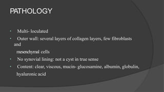 PATHOLOGY
Multi- loculated
Outer wall: several layers of collagen layers, few fibroblasts
and
mesenchymal cells
No synovial lining: not a cyst in true sense
Content: clear, viscous, mucin- glucosamine, albumin, globulin,
hyaluronic acid
 