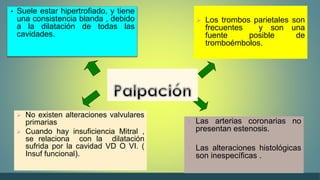 • Suele estar hipertrofiado, y tiene 
una consistencia blanda , debido 
a la dilatación de todas las 
cavidades. 
 Los trombos parietales son 
frecuentes y son una 
fuente posible de 
tromboémbolos. 
 Las arterias coronarias no 
presentan estenosis. 
 Las alteraciones histológicas 
son inespecíficas . 
 No existen alteraciones valvulares 
primarias 
 Cuando hay insuficiencia Mitral , 
se relaciona con la dilatación 
sufrida por la cavidad VD O VI. ( 
Insuf funcional). 
 
