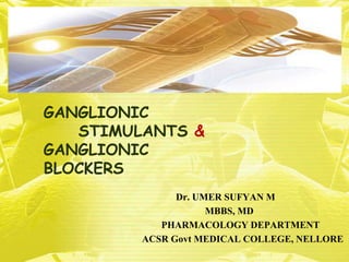 GANGLIONIC
STIMULANTS &
GANGLIONIC
BLOCKERS
Dr. UMER SUFYAN M
MBBS, MD
PHARMACOLOGY DEPARTMENT
ACSR Govt MEDICAL COLLEGE, NELLORE
 