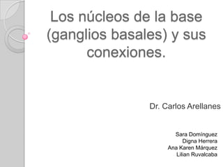 Los núcleos de la base
(ganglios basales) y sus
      conexiones.


               Dr. Carlos Arellanes


                      Sara Domínguez
                          Digna Herrera
                    Ana Karen Márquez
                       Lilian Ruvalcaba
 
