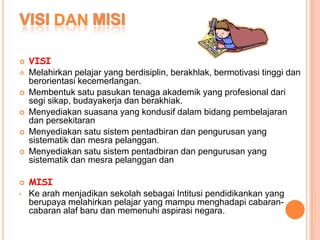 VISI DAN MISI

   VISI
   Melahirkan pelajar yang berdisiplin, berakhlak, bermotivasi tinggi dan
    berorientasi kecemerlangan.
   Membentuk satu pasukan tenaga akademik yang profesional dari
    segi sikap, budayakerja dan berakhiak.
   Menyediakan suasana yang kondusif dalam bidang pembelajaran
    dan persekitaran
   Menyediakan satu sistem pentadbiran dan pengurusan yang
    sistematik dan mesra pelanggan.
   Menyediakan satu sistem pentadbiran dan pengurusan yang
    sistematik dan mesra pelanggan dan

   MISI
•   Ke arah menjadikan sekolah sebagai Intitusi pendidikankan yang
    berupaya melahirkan pelajar yang mampu menghadapi cabaran-
    cabaran alaf baru dan memenuhi aspirasi negara.
 