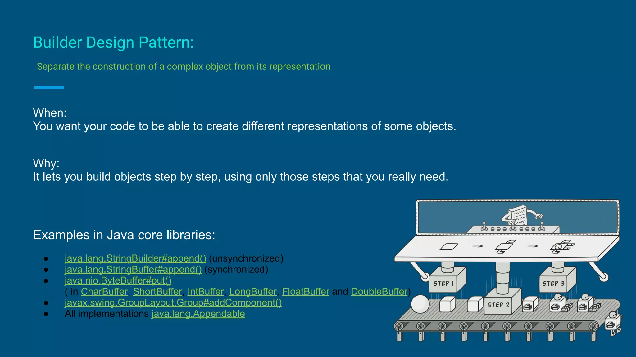 Builder Design Pattern:
Separate the construction of a complex object from its representation
When:
You want your code to be able to create different representations of some objects.
Why:
It lets you build objects step by step, using only those steps that you really need.
Examples in Java core libraries:
● java.lang.StringBuilder#append() (unsynchronized)
● java.lang.StringBuffer#append() (synchronized)
● java.nio.ByteBuffer#put()
( in CharBuffer, ShortBuffer, IntBuffer, LongBuffer, FloatBuffer and DoubleBuffer)
● javax.swing.GroupLayout.Group#addComponent()
● All implementations java.lang.Appendable
 