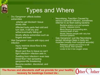 Types and Where
 Dry Gangrene= affects bodies
extremities
1. arteries get blocked= tissue
slowly dies
2. Affected body parts feel cold and
turn dark, it will dry and
wither/eventually falling off
3. Mostly affects extremities such as
fingers and toes
 Wet Gangrene= occurs with injury and
infection
1. Injury restricts blood flow to the
certain area
2. Blood cant flow to tissue so can’t
fight infection= infection sets in,
3. Swelling from infection= even less
blood flow= fast spreading
gangrene=life threatening
4. Become swollen, discolored, and
smelly.
 Necrotising Fasciitis= Caused by
serious bacterial infection, sometimes
referred to as flesh-eating bacteria
 Bacteria enters a cut and spreads
quickly, releases toxins
 Block blood to surrounding skin,
causing death of skin
 Mostly attacks people with very low
immune systems
 Gas Gangrene= just like Necrotising
except develops deep in body ex)
muscles (mostly from surgical wounds)
 Releases gasses and toxins to kill
living tissue, then spreads
 Loves to be in low oxygen areas
Brought to you by
The Nurses and attendants staff we provide for your healthy
recovery for bookings Contact Us:-
 