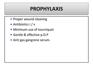 PROPHYLAXIS
• Proper wound cleaning
• Antibiotics i / v
• Minimum use of tourniquet
• Gentle & effective p.O.P
• Anti gas gangrene serum.
 
