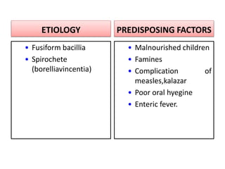 ETIOLOGY
• Fusiform bacillia
• Spirochete
(borelliavincentia)
PREDISPOSING FACTORS
• Malnourished children
• Famines
• Complication of
measles,kalazar
• Poor oral hyegine
• Enteric fever.
 
