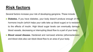 Risk factors
Several factors increase your risk of developing gangrene. These include:
 Diabetes. If you have diabetes, your body doesn't produce enough of the
hormone insulin (which helps your cells take up blood sugar) or is resistant
to the effects of insulin. High blood sugar levels can eventually damage
blood vessels, decreasing or interrupting blood flow to a part of your body.
 Blood vessel disease. Hardened and narrowed arteries (atherosclerosis)
and blood clots also can block blood flow to an area of your body.
 