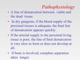 Pathophysiology
• A line of demarcation between viable and
the dead tissue.
• In dry gangrene, if the blood supply of the
proximal tissues is adequate, the ﬁnal line
of demarcation appears quickly.
• If the arterial supply to the proximal living
tissue is poor, the line of ﬁnal demarcation
is very slow to form or does not develop at
all.
• If bone is involved, complete separation
takes longer.
 