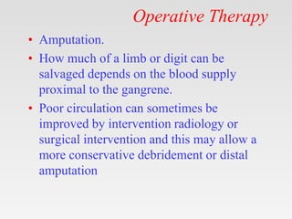 Operative Therapy
• Amputation.
• How much of a limb or digit can be
salvaged depends on the blood supply
proximal to the gangrene.
• Poor circulation can sometimes be
improved by intervention radiology or
surgical intervention and this may allow a
more conservative debridement or distal
amputation
 
