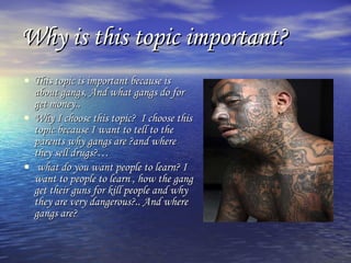 Why is this topic important? This topic is important because is about gangs, And what gangs do for get money.. Why I choose this topic?  I choose this topic because I want to tell to the parents why gangs are ?and where they sell drugs?… what do you want people to learn? I want to people to learn , how the gang get their guns for kill people and why they are very dangerous?.. And where gangs are? 