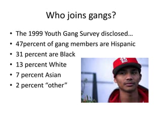 Who joins gangs?The 1999 Youth Gang Survey disclosed… 47percent of gang members are Hispanic 31 percent are Black13 percent White7 percent Asian2 percent “other”