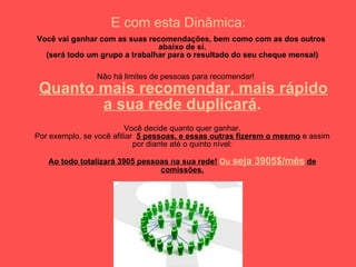 E com esta Dinâmica: Você vai ganhar com as suas recomendações, bem como com as dos outros abaixo de sí. (será todo um grupo a trabalhar para o resultado do seu cheque mensal) Não há limites de pessoas para recomendar!   Quanto mais recomendar, mais rápido a sua rede duplicará . Você decide quanto quer ganhar. Por exemplo, se você afiliar  5 pessoas, e essas outras fizerem o mesmo  e assim por diante até o quinto nível: Ao todo totalizará 3905 pessoas na sua rede!   Ou  seja 3905$/mês   de comissões. 