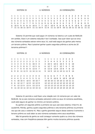 16

         SISTEMA 55                  11 NÚMEROS                   26 COMBINAÇÕES


1   1    1   1   1   1   1   1   1   1   1   1    1   1   1   1   2   2   2   2   2    2   4   4   4   5
2   2    2   2   2   2   2   2   3   3   3   3    3   3   3   3   3   3   3   3   3    3   5   5   6   6
4   4    4   4   5   5   6   8   4   4   4   4    5   5   6   7   4   4   4   5   5    6   6   7   7   7
5   5    6   7   6   7   7   9   5   5   6   9    6   8   8   8   5   6   7   6   7    7   8   8   8   9
6   10 9 9 8 8 8             10 6 7 7        10 7     10 9 9 8        8 8 9 9 10 9 9       10 10
7   11 11 10 11 10 9         11 11 10 9      11 8     11 11 10 9      10 11 10 11 11 10 11 11 11




        Sistema 33 permite que você jogue 14 números na loteria a um custo de R$40,00
em cartões. Esse é um sistema reduzido 4 de 5 sorteado. Isso quer dizer que se cinco
dos números sorteados estiver entre seus 14, você está seguro de ganhar pelo menos
um terceiro prêmio. Mas é possível ganhar quatro segundos prêmios e acima de 20
terceiros prêmios!!!


         SISTEMA 33                  14 NÚMEROS                   40 COMBINAÇÕES


1   1    1   1   1   1   1   1   1   1       1    1   1   1   1   1   2   2   2   2
2   2    2   2   2   2   2   2   3   3       3    3   4   4   5   5   3   3   3   3
3   3    3   3   4   5   6   10 4    4       4    10 5    10 6    10 4    5   6   10
4   4    5   5   8   6   7   12 5    6       6    12 7    12 7    12 7    6   7   12
5   7    7   9   9   8   9   13 8    7       8    13 8    13 8    13 8    7   8   13
6   9    8   11 11 9     11 14 11 11         9    14 9    14 11 14 11 11 9        14


2   2    2   2   3   3   3   3   4   4       6    6   6   6   7   7   7   8   8   9
4   4    4   5   4   4   5   5   5   6       7    8   9   10 8    9   10 9    10 10
5   5    10 10 5     10 6    10 10 7         10 10 10 11 10 10 11 10 11 11
6   6    12 12 7     12 8    12 12 8         12 12 12 12 12 12 12 12 12 12
7   8    13 13 9     13 9    13 13 9         13 13 13 13 13 13 13 13 13 13
9   11 14 14 11 14 11 14 14 11               14 14 14 14 14 14 14 14 14 14




        Sistema 41 permite a você fazer uma rotação com 16 números por um valor de
R$38,00. Se os seis números sorteados estiverem entre os seus 16 números escolhidos,
você está seguro de ganhar no mínimo um terceiro prêmio.
        Eu ganhei um segundo prêmio a primeira vez que usei esse sistema. E Burt N. de
Lauderhill, Flórida, ganhou quatro segundos prêmios e oito terceiros prêmios na primeira
vez que ele usou o sistema 41. Mas o ganho garantido seguro desse sistema é somente o
terceiro prêmio se você obter os seis números sorteados entre seus escolhidos.
        Não há garantia de ganho se você conseguir somente quatro ou cinco dos números
sorteados, mas com freqüência pessoas têm ganho muitos terceiros prêmios quando



                                                 16
 