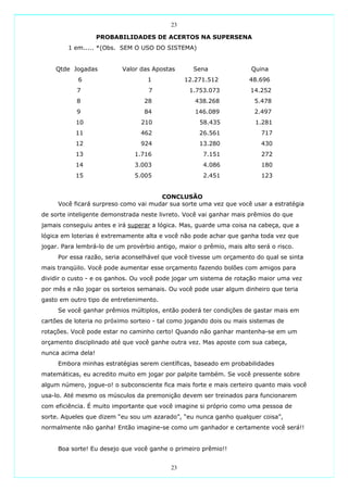 23

                    PROBABILIDADES DE ACERTOS NA SUPERSENA
         1 em..... *(Obs. SEM O USO DO SISTEMA)


    Qtde Jogadas           Valor das Apostas       Sena               Quina
            6                      1            12.271.512            48.696
           7                        7            1.753.073            14.252
           8                      28               438.268             5.478
           9                      84               146.089             2.497
           10                    210                 58.435             1.281
           11                    462                 26.561               717
           12                    924                 13.280               430
           13                  1.716                  7.151               272
           14                  3.003                  4.086               180
           15                  5.005                  2.451               123


                                      CONCLUSÃO
     Você ficará surpreso como vai mudar sua sorte uma vez que você usar a estratégia
de sorte inteligente demonstrada neste livreto. Você vai ganhar mais prêmios do que
jamais conseguiu antes e irá superar a lógica. Mas, guarde uma coisa na cabeça, que a
lógica em loterias é extremamente alta e você não pode achar que ganha toda vez que
jogar. Para lembrá-lo de um provérbio antigo, maior o prêmio, mais alto será o risco.
     Por essa razão, seria aconselhável que você tivesse um orçamento do qual se sinta
mais tranqüilo. Você pode aumentar esse orçamento fazendo bolões com amigos para
dividir o custo - e os ganhos. Ou você pode jogar um sistema de rotação maior uma vez
por mês e não jogar os sorteios semanais. Ou você pode usar algum dinheiro que teria
gasto em outro tipo de entretenimento.
     Se você ganhar prêmios múltiplos, então poderá ter condições de gastar mais em
cartões de loteria no próximo sorteio - tal como jogando dois ou mais sistemas de
rotações. Você pode estar no caminho certo! Quando não ganhar mantenha-se em um
orçamento disciplinado até que você ganhe outra vez. Mas aposte com sua cabeça,
nunca acima dela!
     Embora minhas estratégias serem científicas, baseado em probabilidades
matemáticas, eu acredito muito em jogar por palpite também. Se você pressente sobre
algum número, jogue-o! o subconsciente fica mais forte e mais certeiro quanto mais você
usa-lo. Até mesmo os músculos da premonição devem ser treinados para funcionarem
com eficiência. É muito importante que você imagine si próprio como uma pessoa de
sorte. Aqueles que dizem “eu sou um azarado”, “eu nunca ganho qualquer coisa”,
normalmente não ganha! Então imagine-se como um ganhador e certamente você será!!


     Boa sorte! Eu desejo que você ganhe o primeiro prêmio!!


                                           23
 