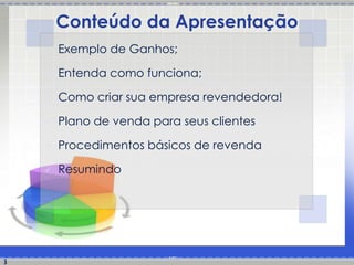 Conteúdo da Apresentação
       Exemplo de Ganhos;

       Entenda como funciona;

       Como criar sua empresa revendedora!

       Plano de venda para seus clientes

       Procedimentos básicos de revenda

       Resumindo




3
 