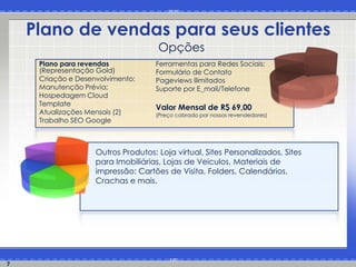 Plano de vendas para seus clientes
                                     Opções
     Plano para revendas            Ferramentas para Redes Sociais;
     (Representação Gold)           Formulário de Contato
     Criação e Desenvolvimento;     Pageviews Ilimitados
     Manutenção Prévia;             Suporte por E_mail/Telefone
     Hospedagem Cloud
     Template
                                    Valor Mensal de R$ 69,00
     Atualizações Mensais (2)       (Preço cobrado por nossos revendedores)
     Trabalho SEO Google



                    Outros Produtos: Loja virtual, Sites Personalizados, Sites
                    para Imobiliárias, Lojas de Veiculos, Materiais de
                    impressão: Cartões de Visita, Folders, Calendários,
                    Crachas e mais.




7
 
