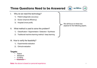 Three Questions Need to be Answered
25
I. Why do we need this technology?
1) Patient (diagnostic accuracy)
2) Doctor (improve efficiency)
3) Hospital (more profit)
II. What method is used to solve this problem?
1) Classification / Segmentation / Detection / Synthesis
2) Traditional machine learning method / deep learning
III. How to verify the feasibility?
1) Experimental evaluation
2) Clinical evaluation
Note: the above is based on personal experience.
We will focus on these two
aspects for the following papers.
Targets:
• Patent
• Research
• Funding
• Business
 
