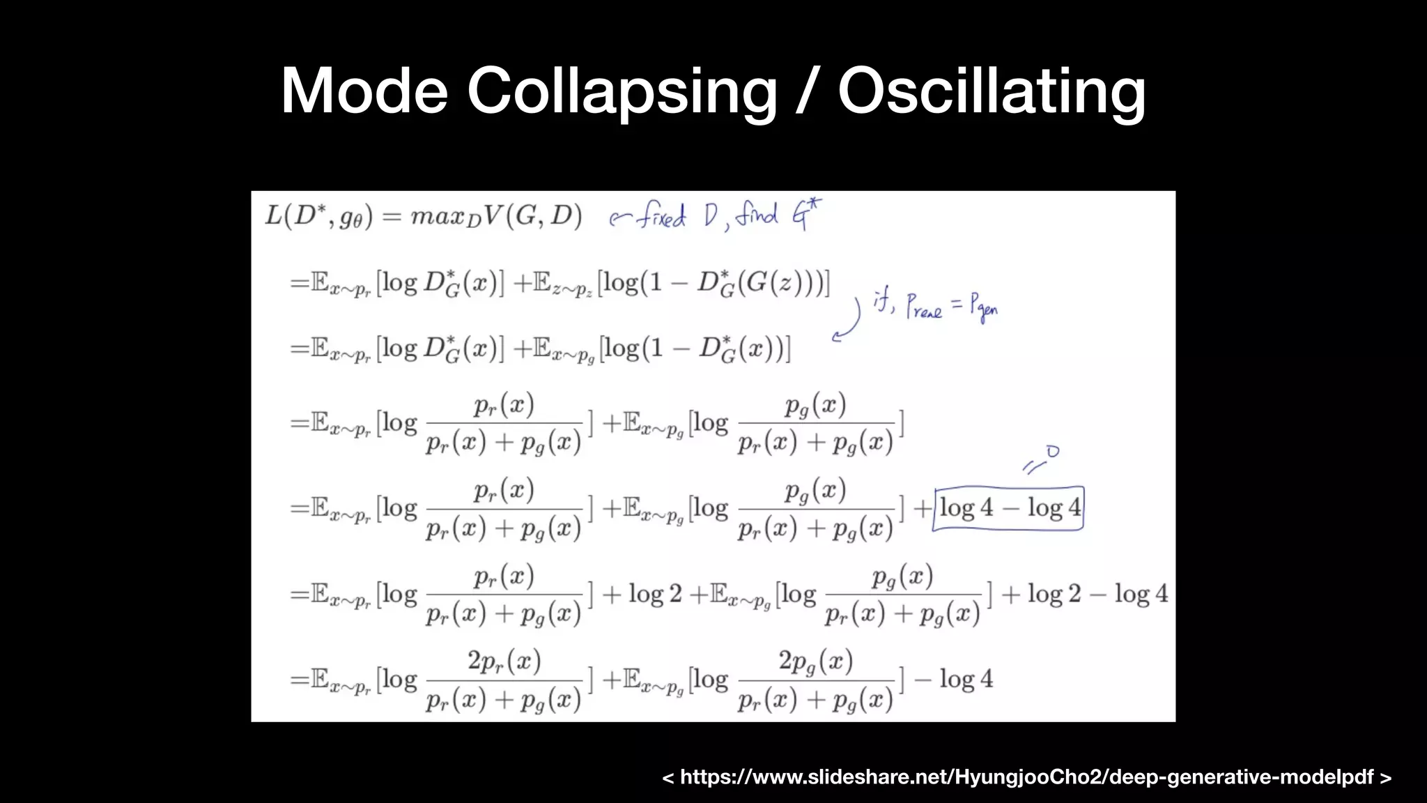 Mode Collapsing / Oscillating
< https://www.slideshare.net/HyungjooCho2/deep-generative-modelpdf >
 