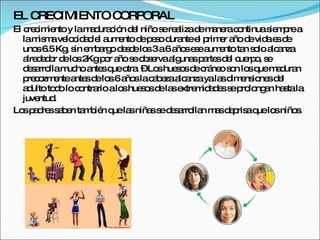 EL CRECIMIENTO CORPORAL
El c c ie y lam d c n d l niño s re lizad m ne c ntinuas m rea
    re im nto         a ura ió e     e a    e a ra o        ie p
   lam m ve c a e a e d p s d ntee p e a d vid e d
       is a lo id d l um nto e e o ura      l rim r ño e a s e
   uno 6 Kg s e b rg d s elo 3a6a se ea e ta s lo a a
       s .5 , in m a o e d s            ño s um nto n o lc nza
   a d d r d lo 2 p r a s o s rvaa una p rte d l c rp , s
    lre e o e s Kg o ño e b e          lg s a s e ue o e
   d s rro m ho a sq o . –Lo hue o d c ne s n lo q m d n
    e a lla uc nte ue tra           s s s e rá o o s ue a ura
   p c zm ntea sd lo 6a slac b zaa a yala d e io sd l
    re o e        nte e s ño       a e lc nza     s im ns ne e
   a ulto to o lo c ntra alo hue o d la e m a e s p lo a ha tala
    d       d      o rio      s s s e s xtre id d s e ro ng n s
   juventud .
Lo p d ss b n ta b n q la niña s d s rro n m sd p aq lo niño .
   s a re a e m ié ue s           s e e a lla a e ris ue s       s
 