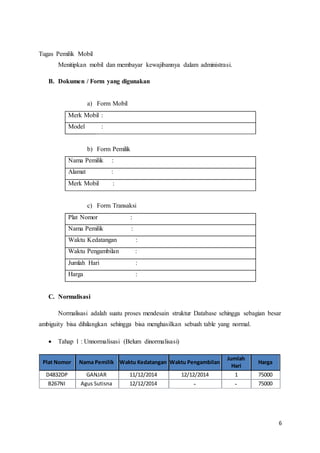 6
Tugas Pemilik Mobil
Menitipkan mobil dan membayar kewajibannya dalam administrasi.
B. Dokumen / Form yang digunakan
a) Form Mobil
Merk Mobil :
Model :
b) Form Pemilik
Nama Pemilik :
Alamat :
Merk Mobil :
c) Form Transaksi
Plat Nomor :
Nama Pemilik :
Waktu Kedatangan :
Waktu Pengambilan :
Jumlah Hari :
Harga :
C. Normalisasi
Normalisasi adalah suatu proses mendesain struktur Database sehingga sebagian besar
ambiguity bisa dihilangkan sehingga bisa menghasilkan sebuah table yang normal.
 Tahap 1 : Unnormalisasi (Belum dinormalisasi)
Plat Nomor Nama Pemilik Waktu Kedatangan Waktu Pengambilan
Jumlah
Hari
Harga
D4832DP GANJAR 11/12/2014 12/12/2014 1 75000
B267NI Agus Sutisna 12/12/2014 - - 75000
 