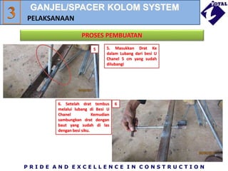 P R I D E A N D E X C E L L E N C E I N C O N S T R U C T I O N
PROSES PEMBUATAN
PELAKSANAAN
6. Setelah drat tembus
melalui lubang di Besi U
Chanel Kemudian
sambungkan drat dengan
baut yang sudah di las
dengan besi siku.
5
6
5. Masukkan Drat Ke
dalam Lubang dari besi U
Chanel 5 cm yang sudah
dilubangi
GANJEL/SPACER KOLOM SYSTEM
 