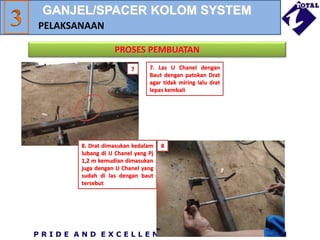 P R I D E A N D E X C E L L E N C E I N C O N S T R U C T I O N
PROSES PEMBUATAN
PELAKSANAAN
8. Drat dimasukan kedalam
lubang di U Chanel yang Pj
1,2 m kemudian dimasukan
juga dengan U Chanel yang
sudah di las dengan baut
tersebut
7
8
7. Las U Chanel dengan
Baut dengan patokan Drat
agar tidak miring lalu drat
lepas kembali
GANJEL/SPACER KOLOM SYSTEM
 