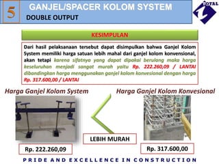 P R I D E A N D E X C E L L E N C E I N C O N S T R U C T I O N
DOUBLE OUTPUT
KESIMPULAN
Dari hasil pelaksanaan tersebut dapat disimpulkan bahwa Ganjel Kolom
System memiliki harga satuan lebih mahal dari ganjel kolom konvensional,
akan tetapi karena sifatnya yang dapat dipakai berulang maka harga
keseluruhan menjadi sangat murah yaitu Rp. 222.260,09 / LANTAI
dibandingkan harga menggunakan ganjel kolom konvesional dengan harga
Rp. 317.600,00 / LANTAI
Harga Ganjel Kolom System
Rp. 222.260,09
Harga Ganjel Kolom Konvesional
Rp. 317.600,00
LEBIH MURAH
GANJEL/SPACER KOLOM SYSTEM
 
