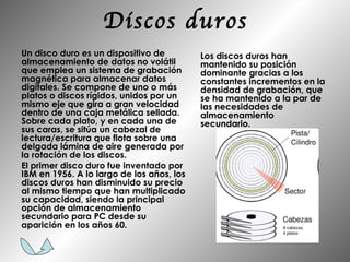 Discos duros Un disco duro es un dispositivo de almacenamiento de datos no volátil que emplea un sistema de grabación magnética para almacenar datos digitales. Se compone de uno o más platos o discos rígidos, unidos por un mismo eje que gira a gran velocidad dentro de una caja metálica sellada. Sobre cada plato, y en cada una de sus caras, se sitúa un cabezal de lectura/escritura que flota sobre una delgada lámina de aire generada por la rotación de los discos.  El primer disco duro fue inventado por IBM en 1956. A lo largo de los años, los discos duros han disminuido su precio al mismo tiempo que han multiplicado su capacidad, siendo la principal opción de almacenamiento secundario para PC desde su aparición en los años 60.  Los discos duros han mantenido su posición dominante gracias a los constantes incrementos en la densidad de grabación, que se ha mantenido a la par de las necesidades de almacenamiento secundario. 