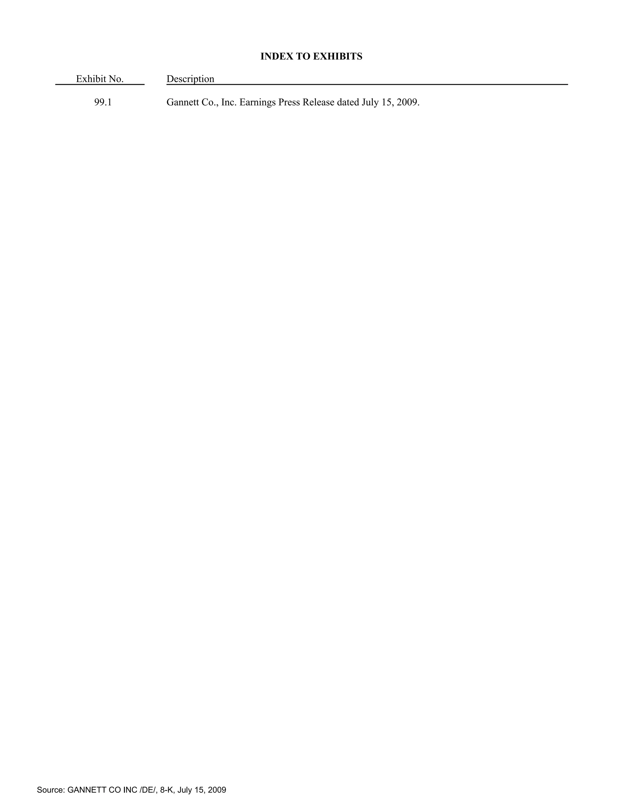 INDEX TO EXHIBITS

         Exhibit No.            Description

              99.1              Gannett Co., Inc. Earnings Press Release dated July 15, 2009.




Source: GANNETT CO INC /DE/, 8-K, July 15, 2009
 
