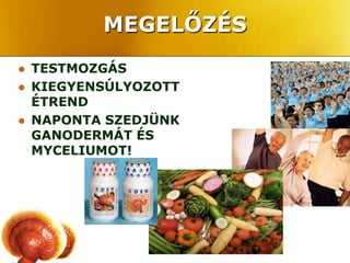 MEGELŐZÉS
   TESTMOZGÁS
   KIEGYENSÚLYOZOTT
    ÉTREND
   NAPONTA SZEDJÜNK
    GANODERMÁT ÉS
    MYCELIUMOT!
 