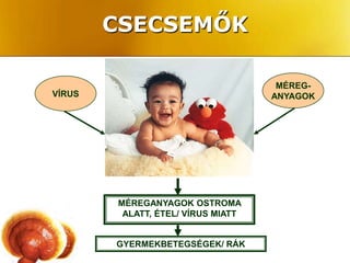 CSECSEMŐK

                                     MÉREG-
VÍRUS                               ANYAGOK




        MÉREGANYAGOK OSTROMA
         ALATT, ÉTEL/ VÍRUS MIATT


        GYERMEKBETEGSÉGEK/ RÁK
 