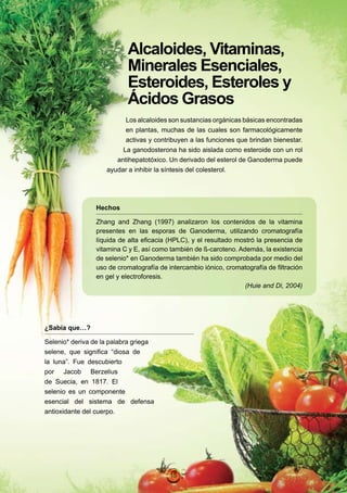 Alcaloides, Vitaminas,
                           Minerales Esenciales,
                           Esteroides, Esteroles y
                           Ácidos Grasos
                          Los alcaloides son sustancias orgánicas básicas encontradas
                          en plantas, muchas de las cuales son farmacológicamente
                          activas y contribuyen a las funciones que brindan bienestar.
                         La ganodosterona ha sido aislada como esteroide con un rol
                       antihepatotóxico. Un derivado del esterol de Ganoderma puede
                    ayudar a inhibir la síntesis del colesterol.




                Hechos

                Zhang and Zhang (1997) analizaron los contenidos de la vitamina
                presentes en las esporas de Ganoderma, utilizando cromatografía
                líquida de alta eficacia (HPLC), y el resultado mostró la presencia de
                vitamina C y E, así como también de ß-caroteno. Además, la existencia
                de selenio* en Ganoderma también ha sido comprobada por medio del
                uso de cromatografía de intercambio iónico, cromatografía de filtración
                en gel y electroforesis.
                                                                   (Huie and Di, 2004)




¿Sabía que…?

Selenio* deriva de la palabra griega
selene, que significa “diosa de
la luna”. Fue descubierto
por Jacob Berzelius
de Suecia, en 1817. El
selenio es un componente
esencial del sistema de defensa
antioxidante del cuerpo.




                                         15
 