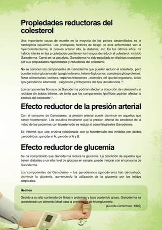 Propiedades reductoras del
colesterol
Una importante causa de muerte en la mayoría de los países desarrollados es la
cardiopatía isquémica. Los principales factores de riesgo de esta enfermedad son la
hipercolesterolemia, la presión arterial alta, la diabetes, etc. En los últimos años, ha
habido interés en las propiedades que tienen los hongos de reducir el colesterol, incluido
Ganoderma. Como se ha descripto, Ganoderma ha sido estudiado en distintas ocasiones
por sus propiedades hipotensoras y reductoras del colesterol.

No se conocen los componentes de Ganoderma que pueden reducir el colesterol, pero
pueden incluir glucanos del tipo ganoderano, hetero-ß glucanos, complejos glicoproteicos,
fibras alimentarias, lectinas, terpenos triterpenes , esteroles del tipo del ergostano, ácido
tipo ganodérico altamente oxigenado y triterpenes del tipo lanostanoide (1).

Los componentes fibrosos de Ganoderma podrían afectar la absorción de colesterol y el
reciclaje de ácidos biliares, en tanto que los componentes lipofílicos podrían afectar la
síntesis del colesterol (1).


Efecto reductor de la presión arterial
Con el consumo de Ganoderma, la presión arterial puede disminuir en aquellos que
tienen hipertensión. Los estudios mostraron que la presión arterial de alrededor de la
mitad de los pacientes con hipertensión se redujo al administrárseles Ganoderma.

Se informó que una enzima relacionada con la hipertensión era inhibida por ácidos
ganodéricos, ganoderal A, ganoderol A y B.



Efecto reductor de glucemia
Se ha comprobado que Ganoderma reduce la glucemia. La condición de aquellos que
tienen diabetes o un alto nivel de glucosa en sangre, puede mejorar con el consumo de
Ganoderma.

Los componentes de Ganoderma – los ganoderanos (ganoderans) han demostrado
disminuir la glucemia, aumentando la utilización de la glucemia por los tejidos
corporales.


Hechos

Debido a su alto contenido de fibras y proteínas y bajo contenido graso, Ganoderma es
considerado un alimento ideal para la prevención de hiperglucemia.
                                                              (Gunde-Cimerman, 1999)




                                             21
 