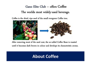 Gano Elite Club – offers Coffee
          The worlds most widely-used beverage.
Coffee is the dried, ripe seed of the small evergreen Coffee tree.




After removing most of the seed coat, the so-called Coffee Bean is roasted
until it becomes dark brown in colour and develops its characteristic aroma.


                        About Coffee
 