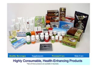 ™                                                                      Gano Excel
Product Line


                                               Coming
                                                Soon



                                                                         Coming
                                                                          Soon

      Coming
       Soon
                                                                                        Coming
                                                                                         Soon




Healthy Beverages           Supplements                    Personal Care             Skin Care

   Highly Consumable, Health-Enhancing Products
                    *Not all these products are available in Australia
 